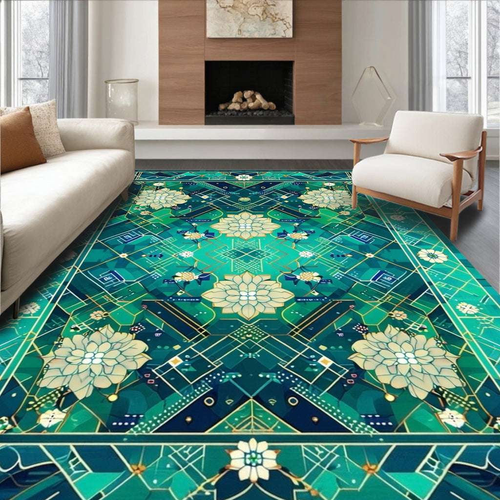 Geometric Floral Patterned Teal Rug