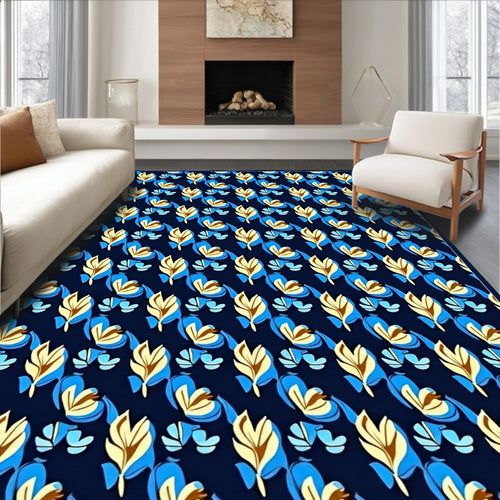 Abstract Blue Yellow Leaf Pattern Rug