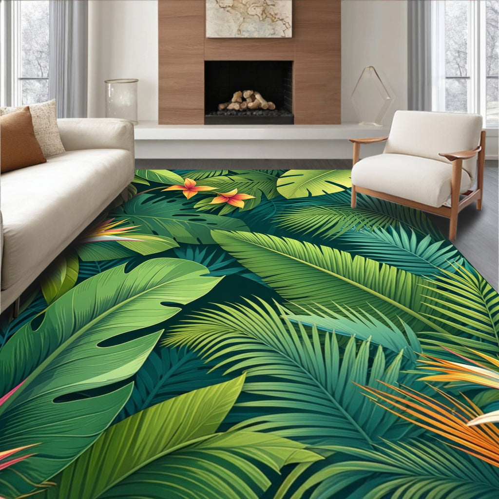 Lush Tropical Rainforest Floral Pattern Rug