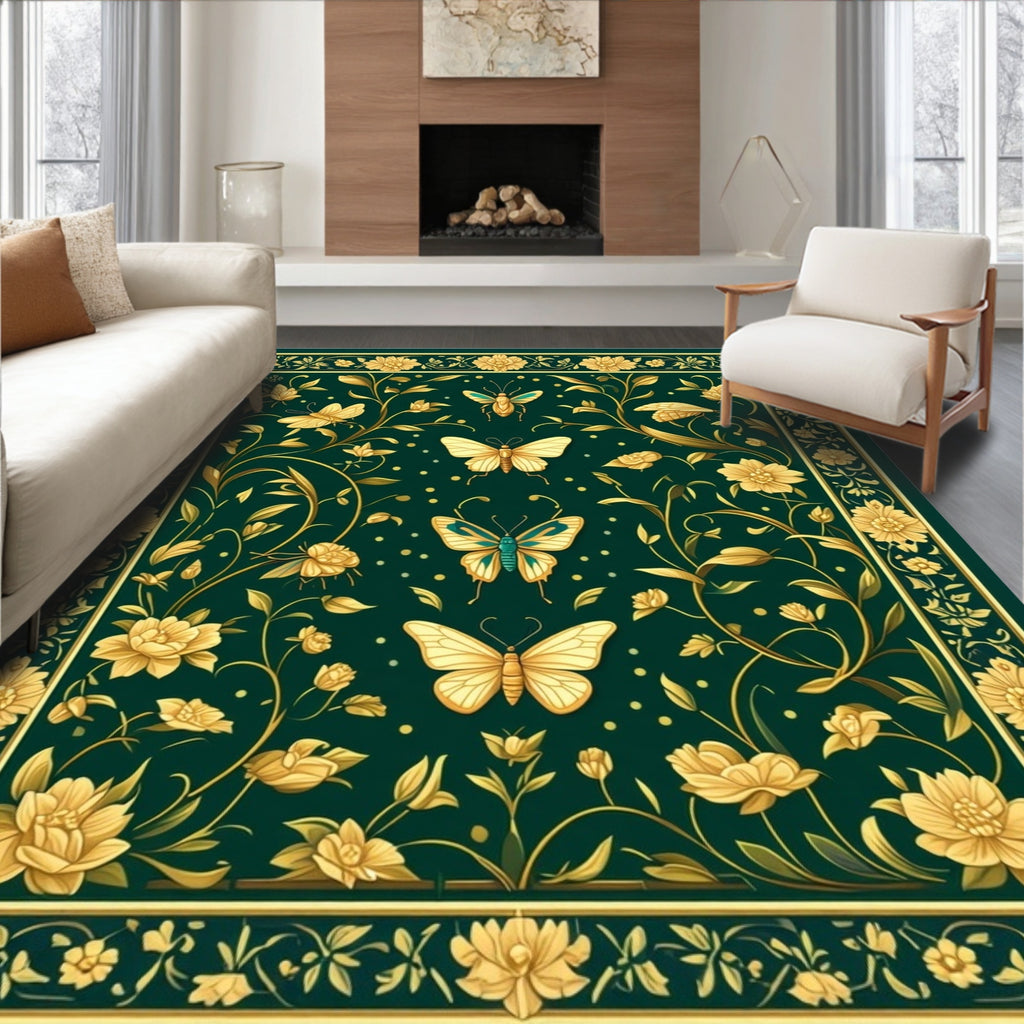 Gold Green Butterfly Floral Design Rug