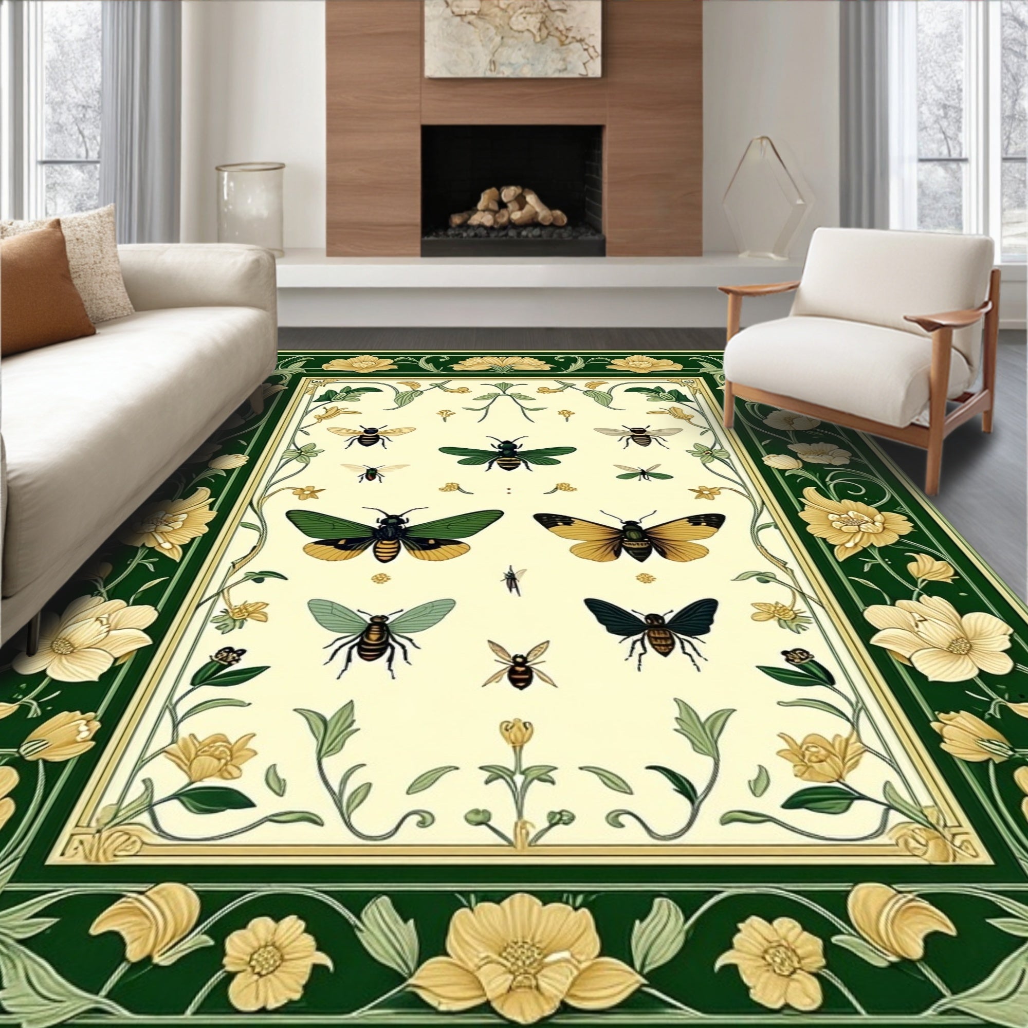 Botanical Insect Detailed Floral Pattern Rug