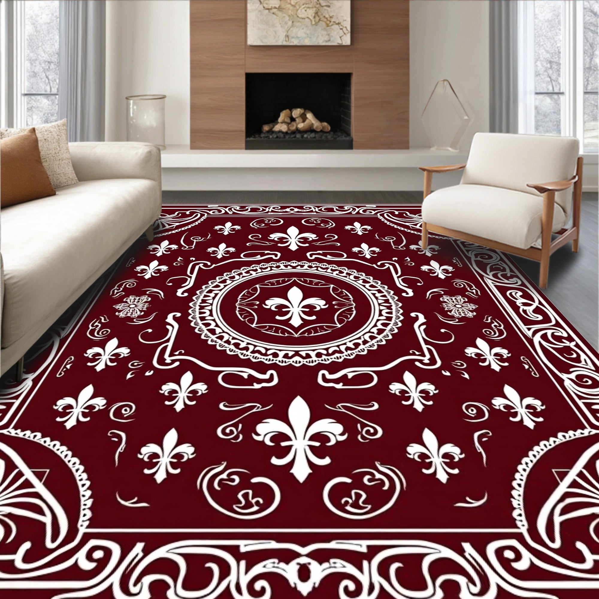 Ornate White Fleur De Lis Design Rug