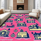 Pink Navy Yellow Village Houses Garland Rug