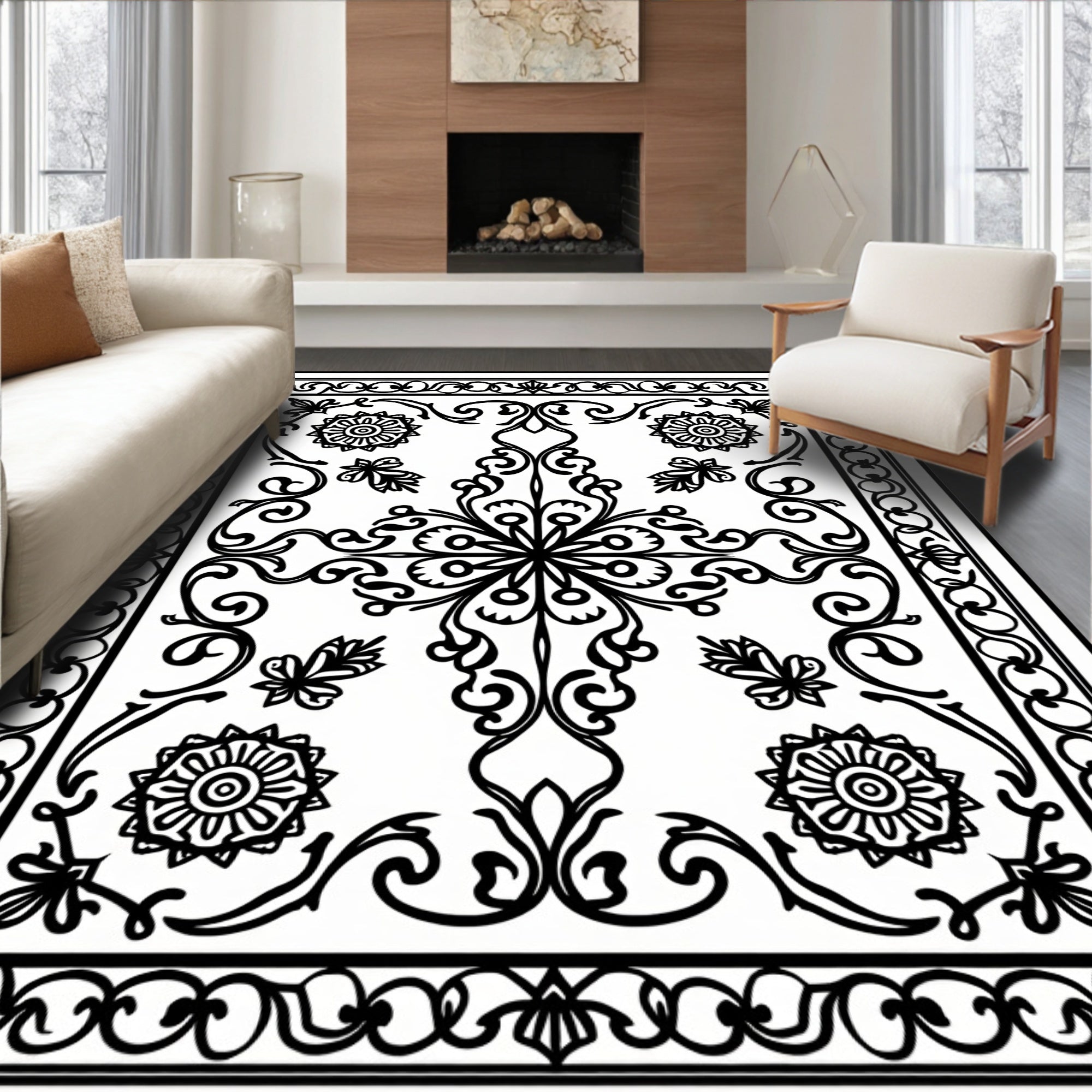 Elegant Floral Scrollwork Mandala Design Rug