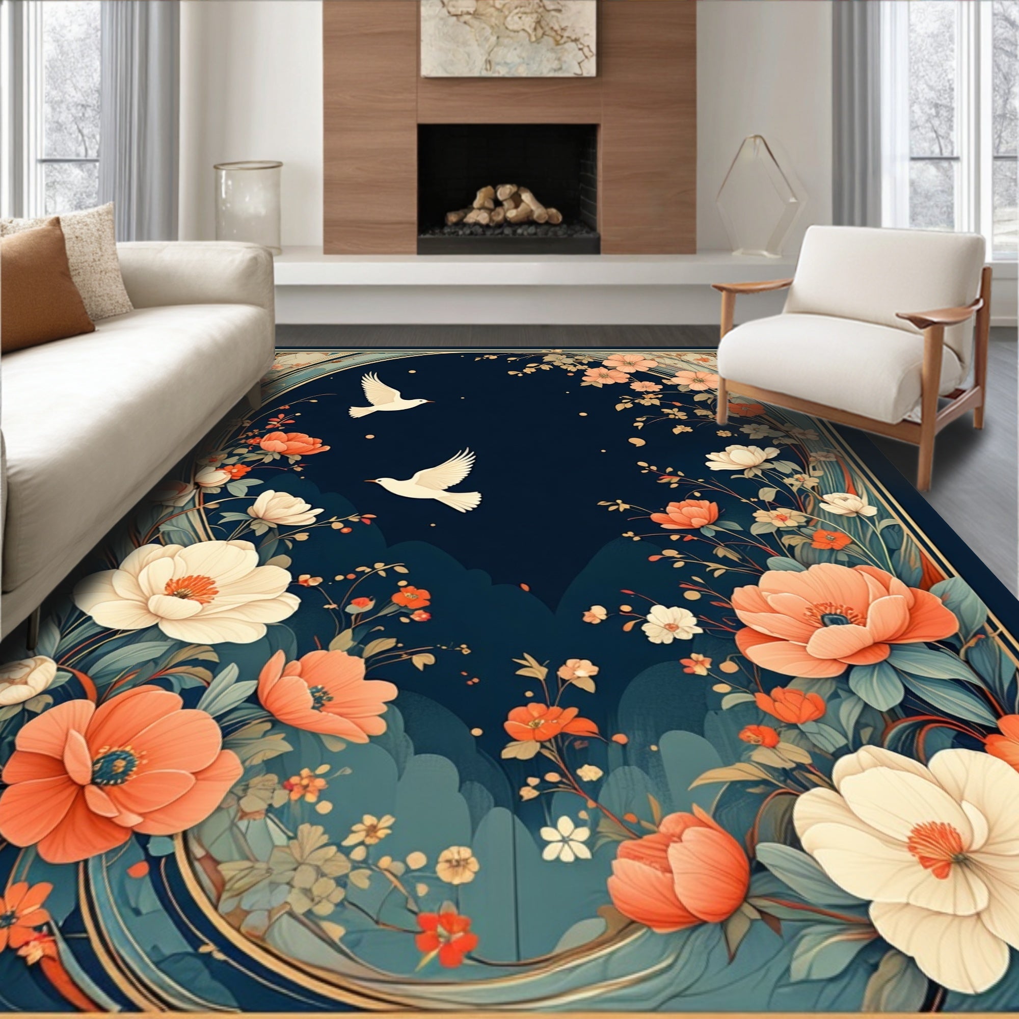 Floral Birds With Lush Garden Border Rug