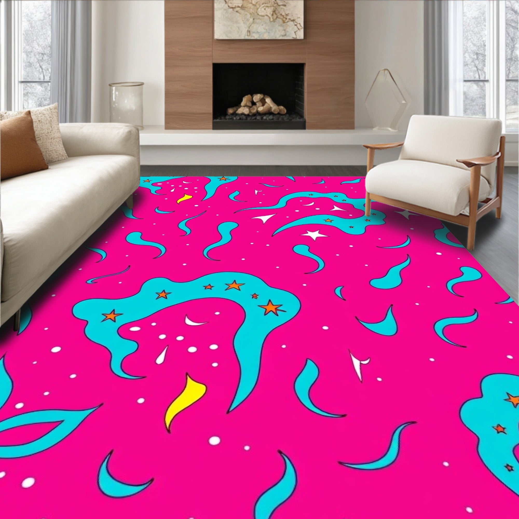 Hot Pink Aqua Swirl Starry Sky Rug