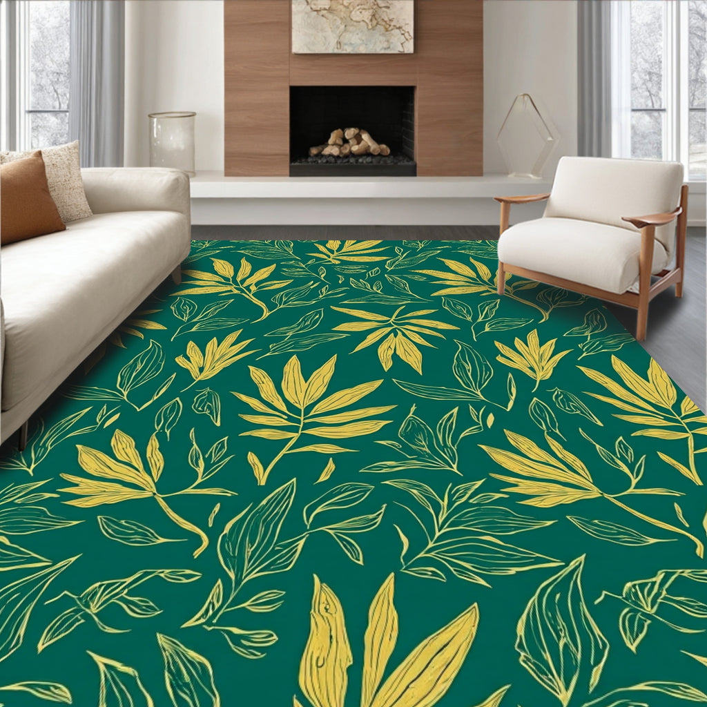 Green Gold Botanical Abstract Rug