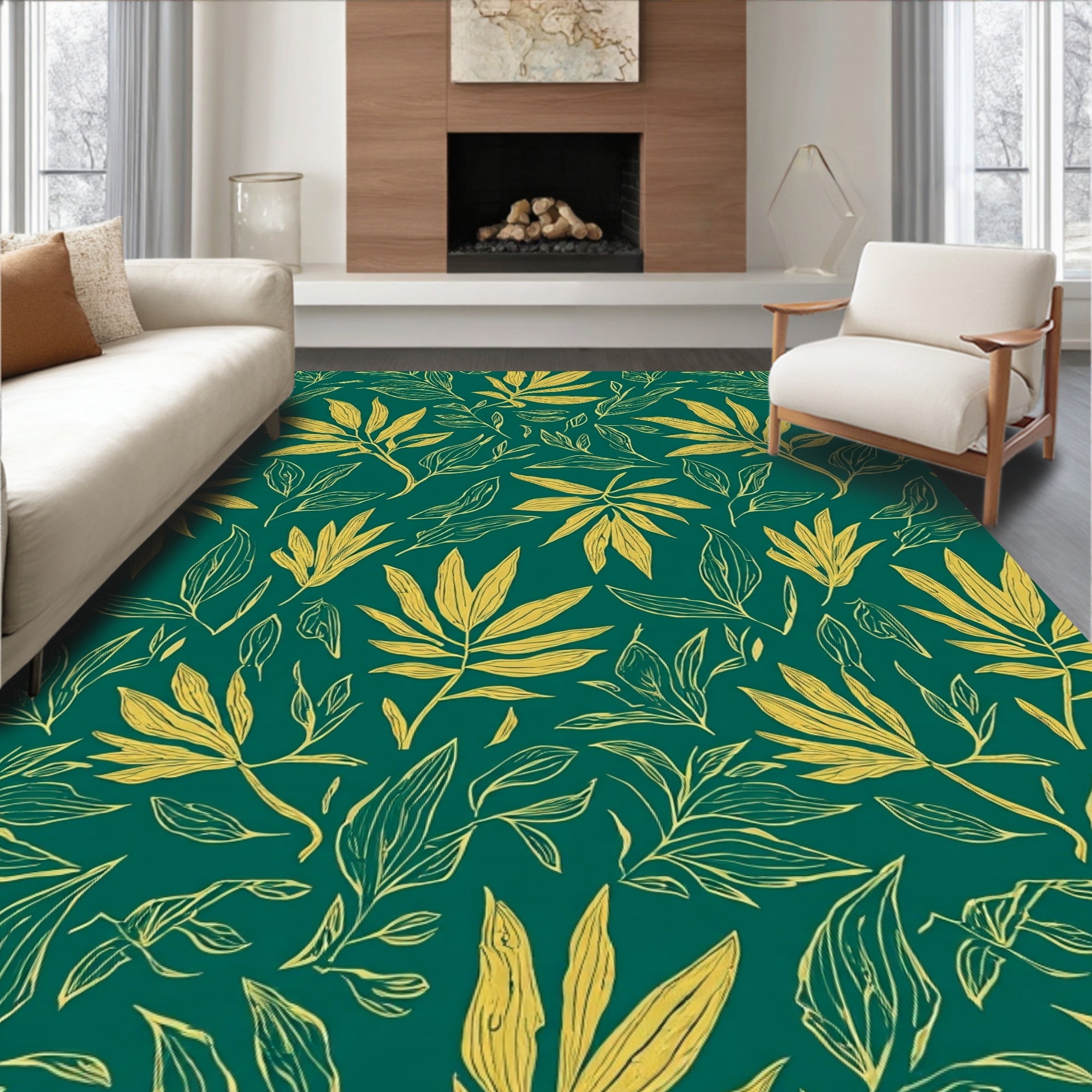 Green Gold Botanical Abstract Rug