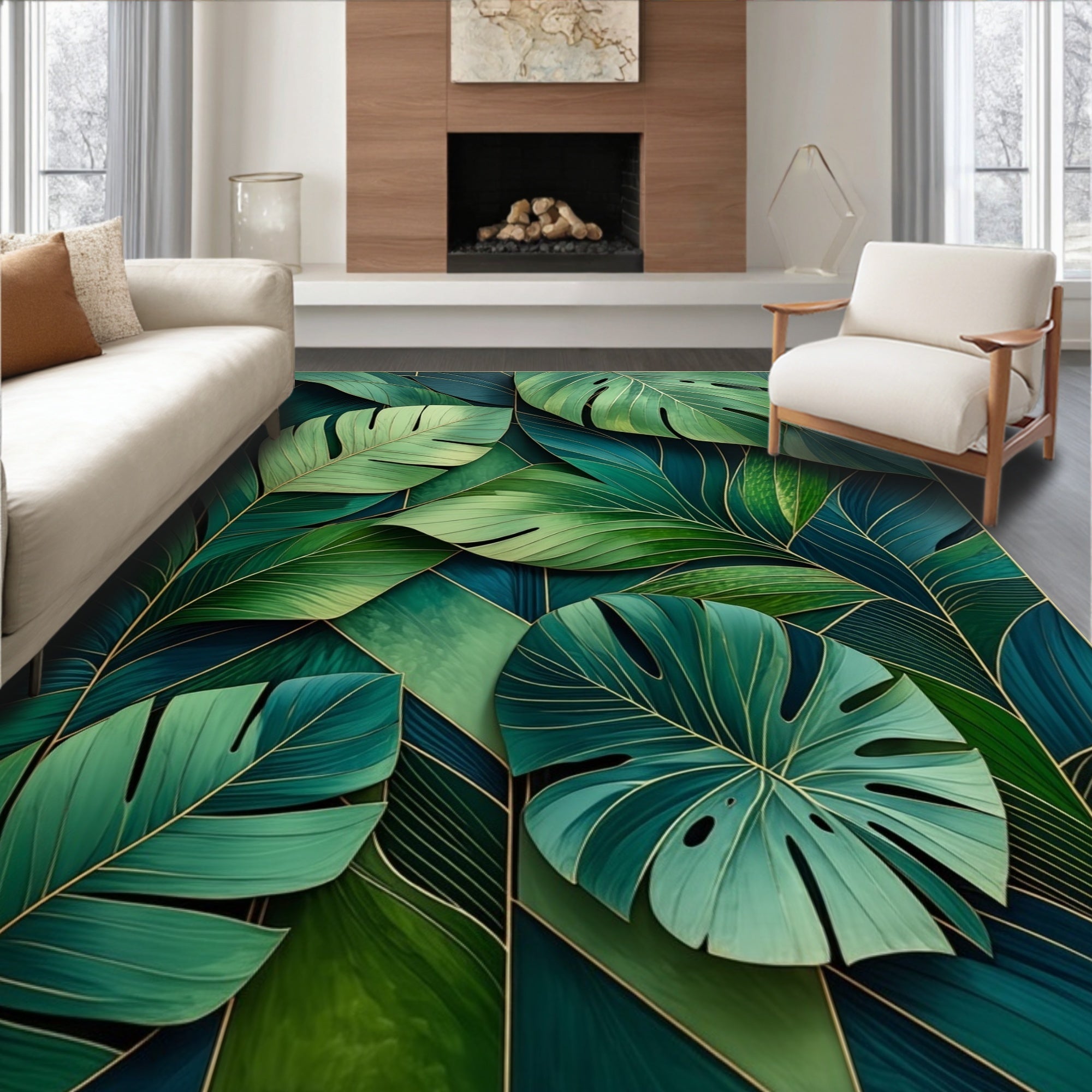 Lush Tropical Leaf Geometric Design Rug