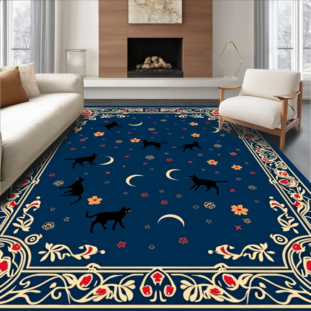 Midnight Feline Crescent Moon Floral Rug