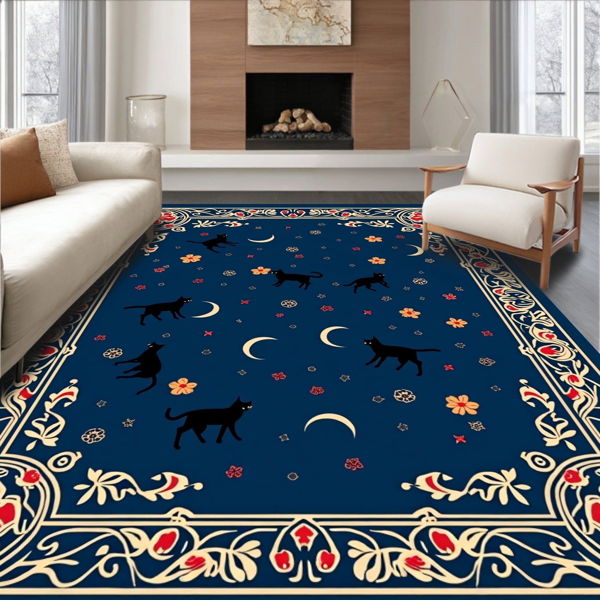 Midnight Feline Crescent Moon Floral Rug