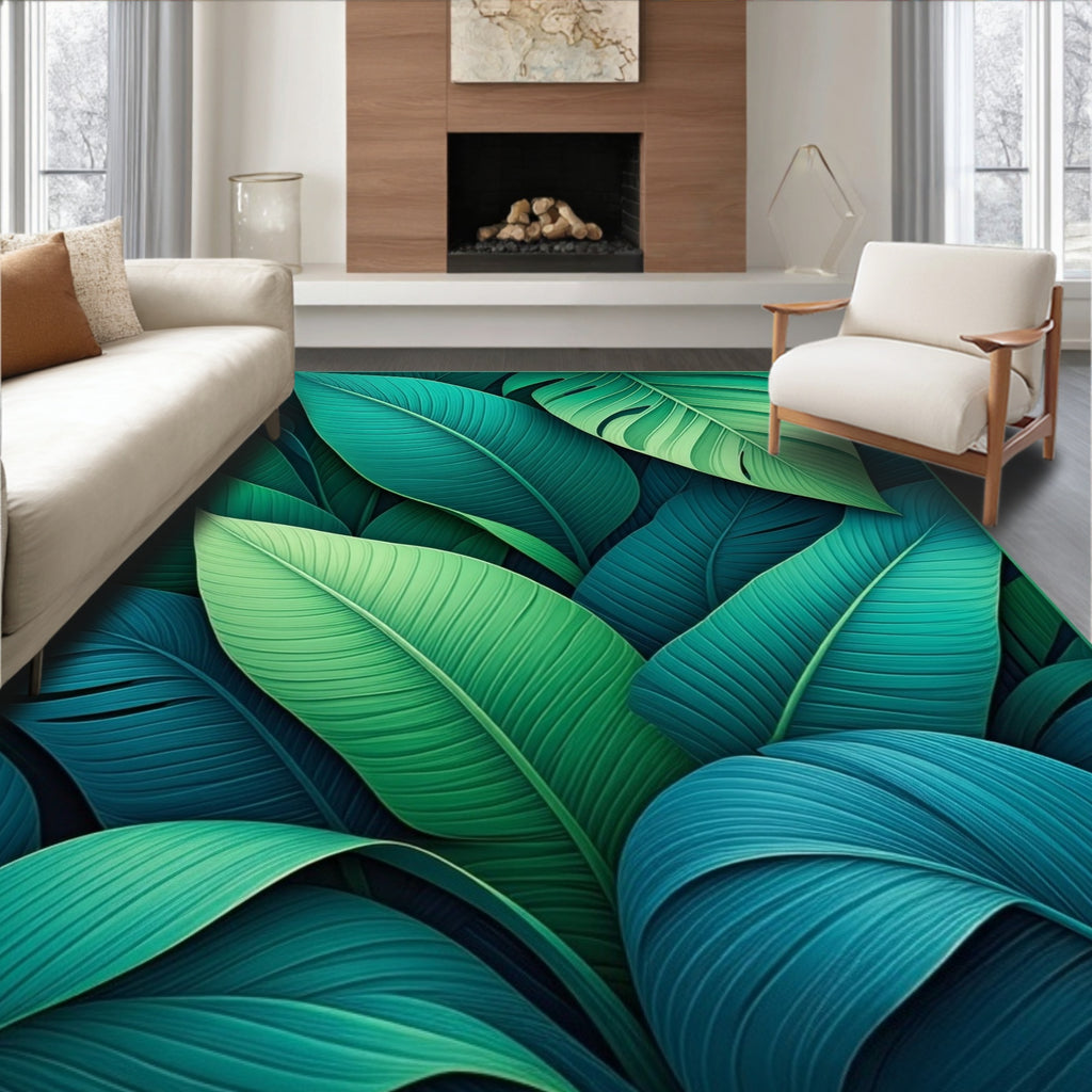Lush Green Leaf Tropical Pattern Rug