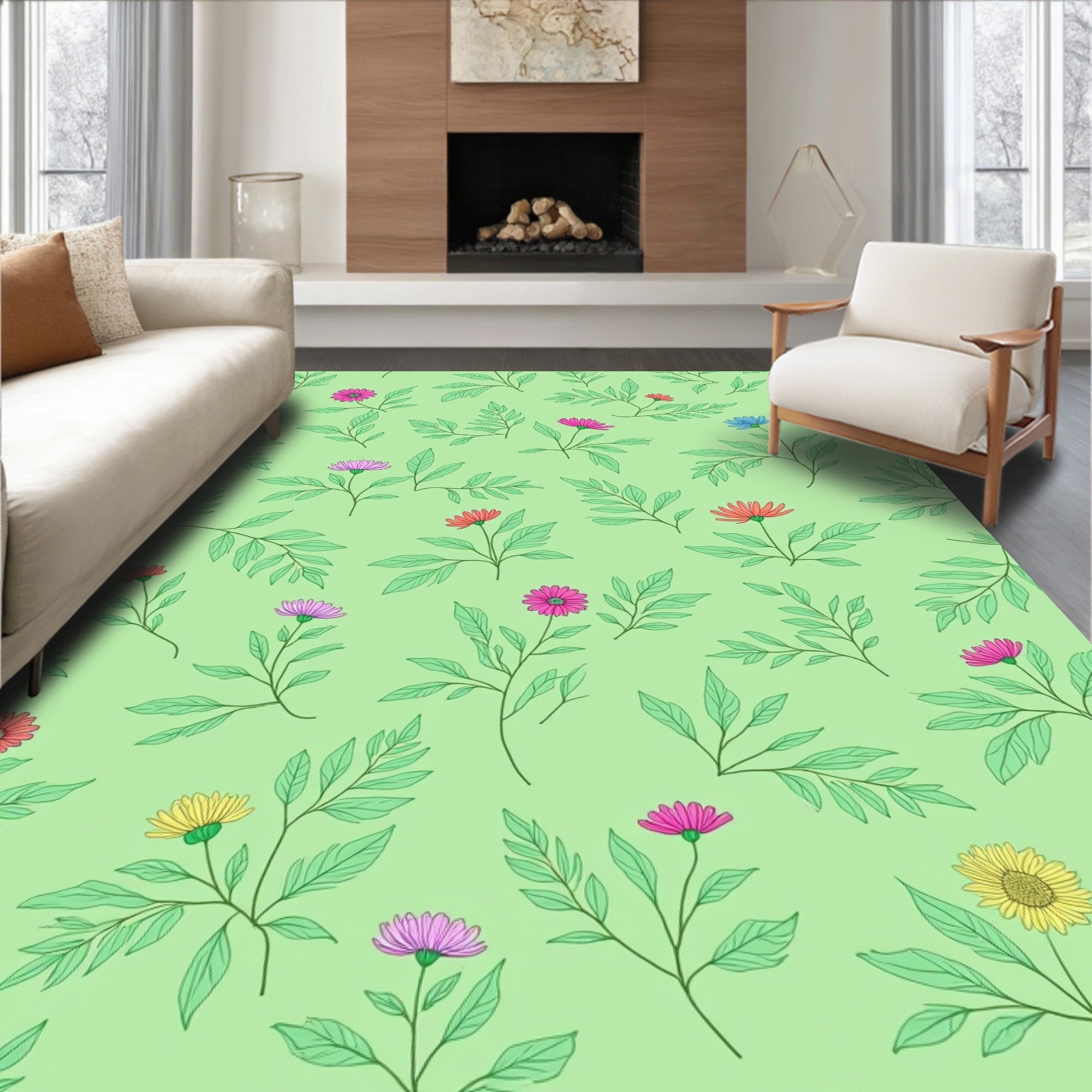 Floral Branch Pattern With Pink Yellow Blooms Rug