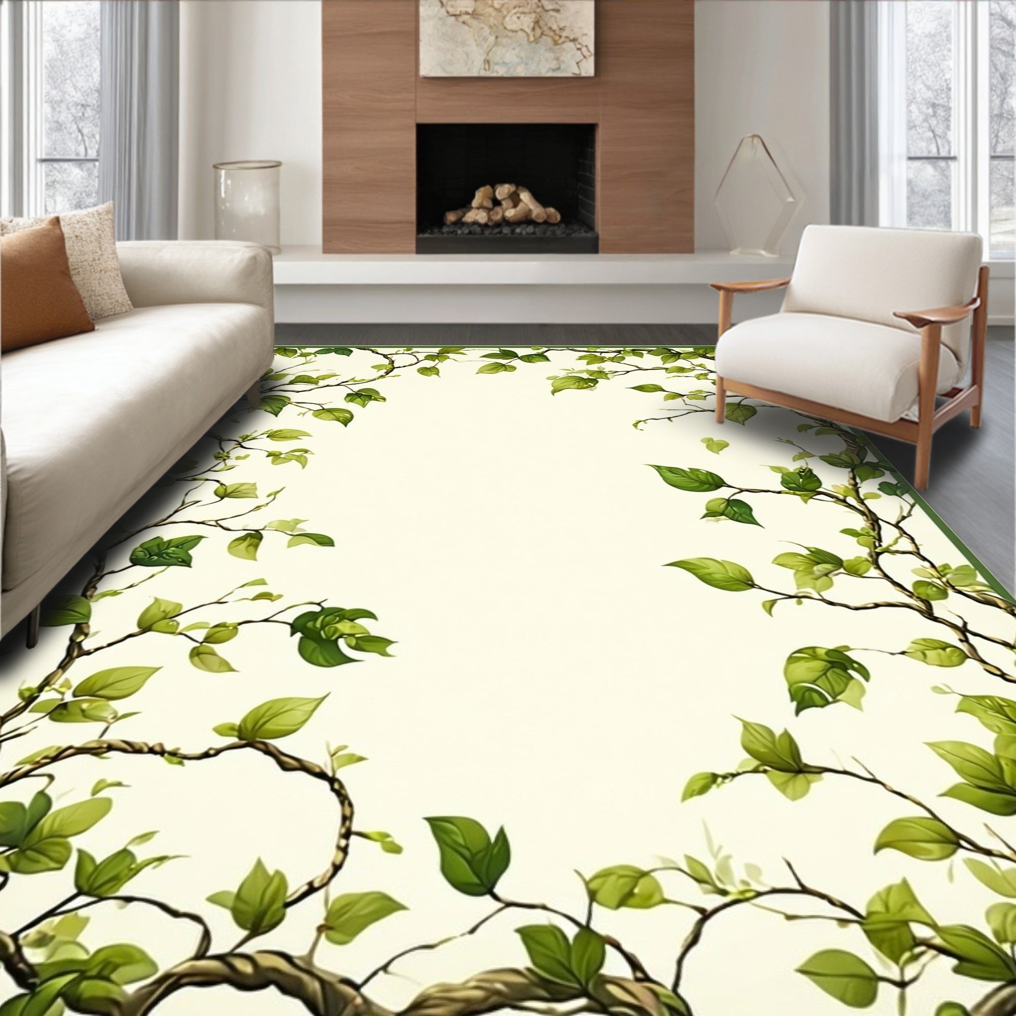 Vining Green Leaves Border Design Rug