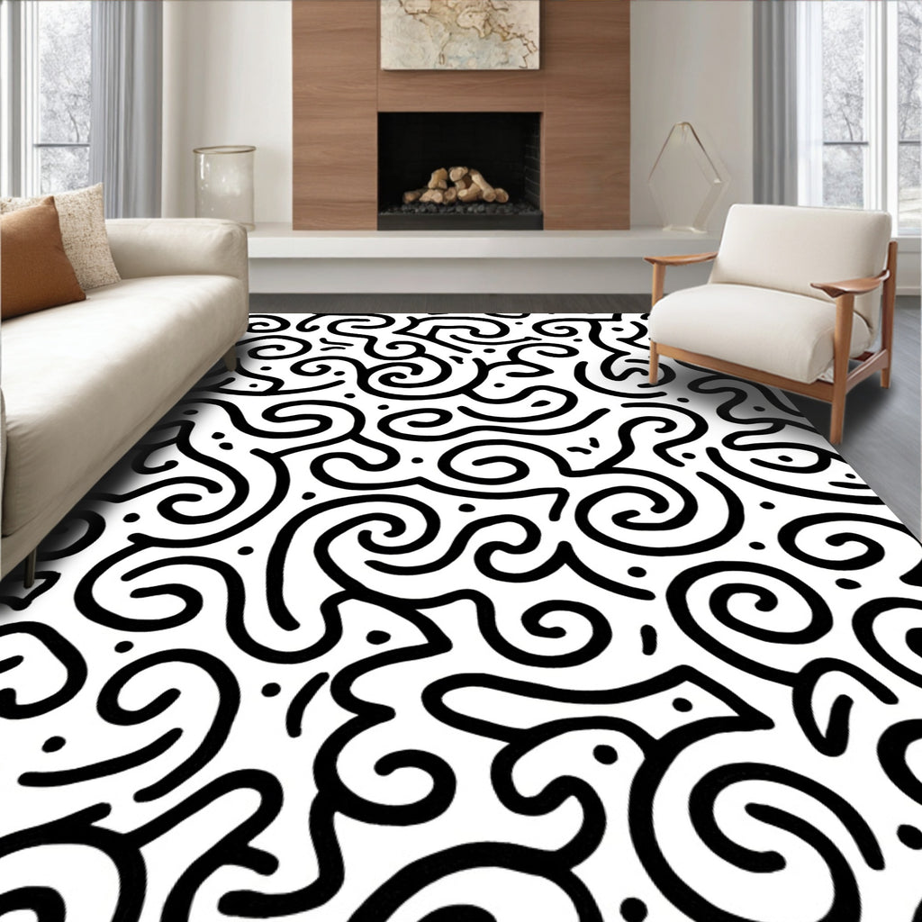Abstract Black White Swirl Pattern Rug