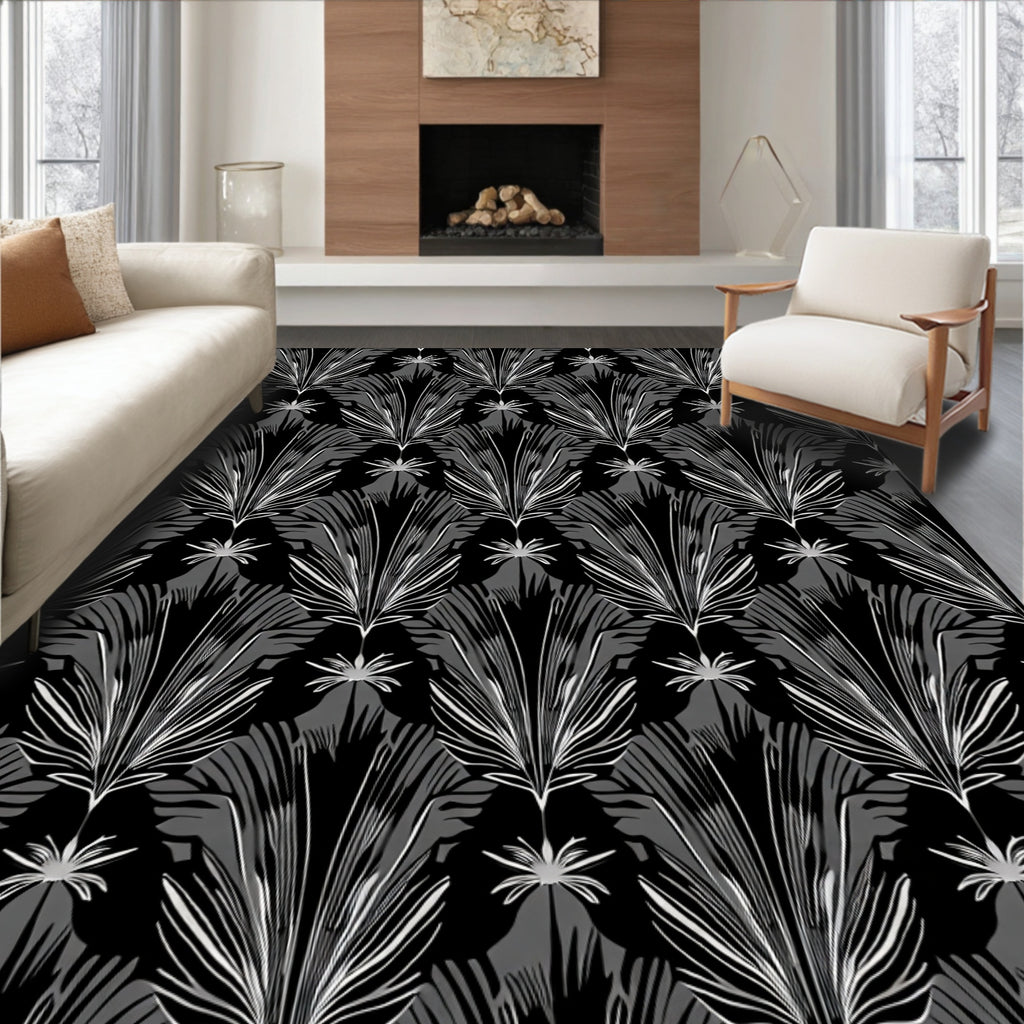 Black White Feathered Palm Fan Rug