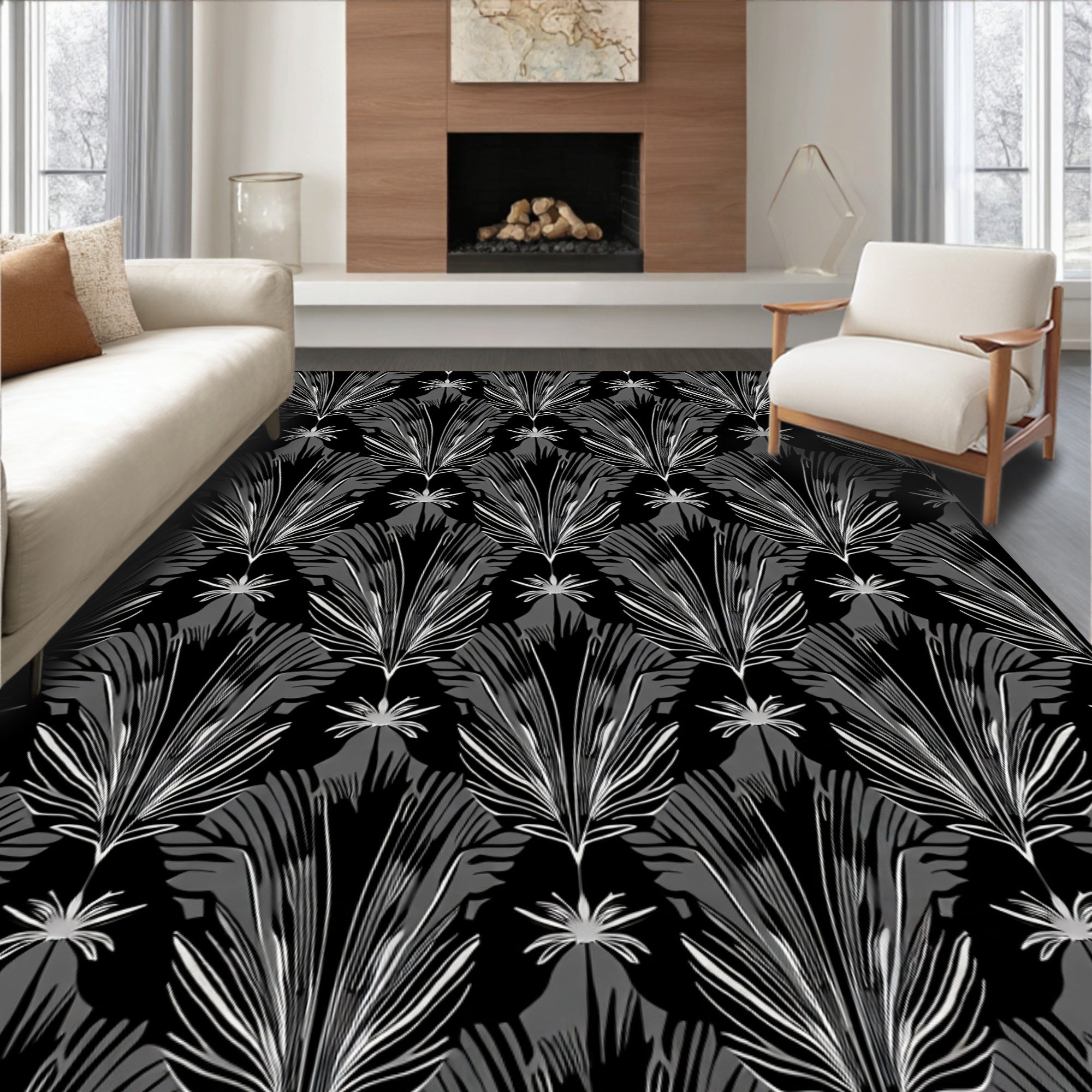 Black White Feathered Palm Fan Rug
