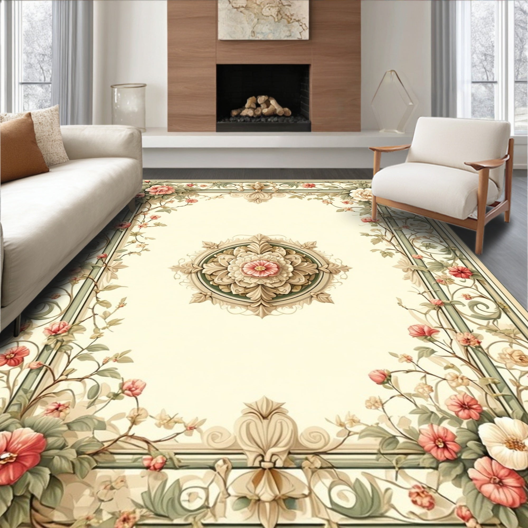 Vintage Floral Scroll Motif Rug