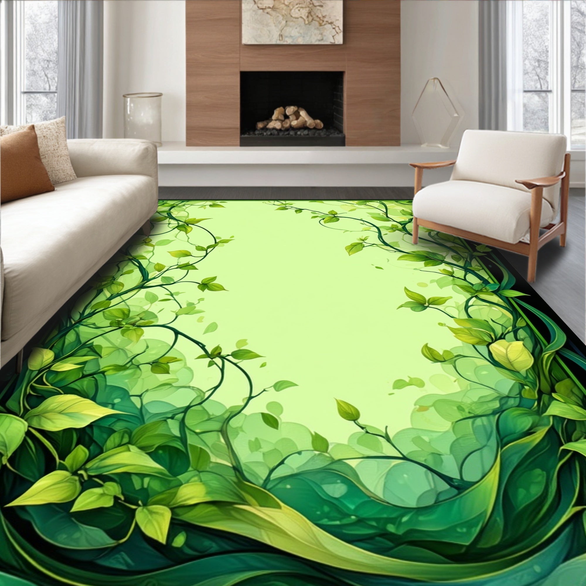 Vibrant Green Leafy Vine Pattern Rug