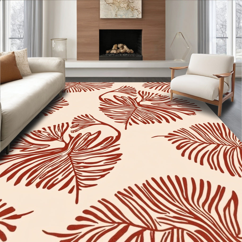 Crimson Botanical Fan Pattern Design Rug