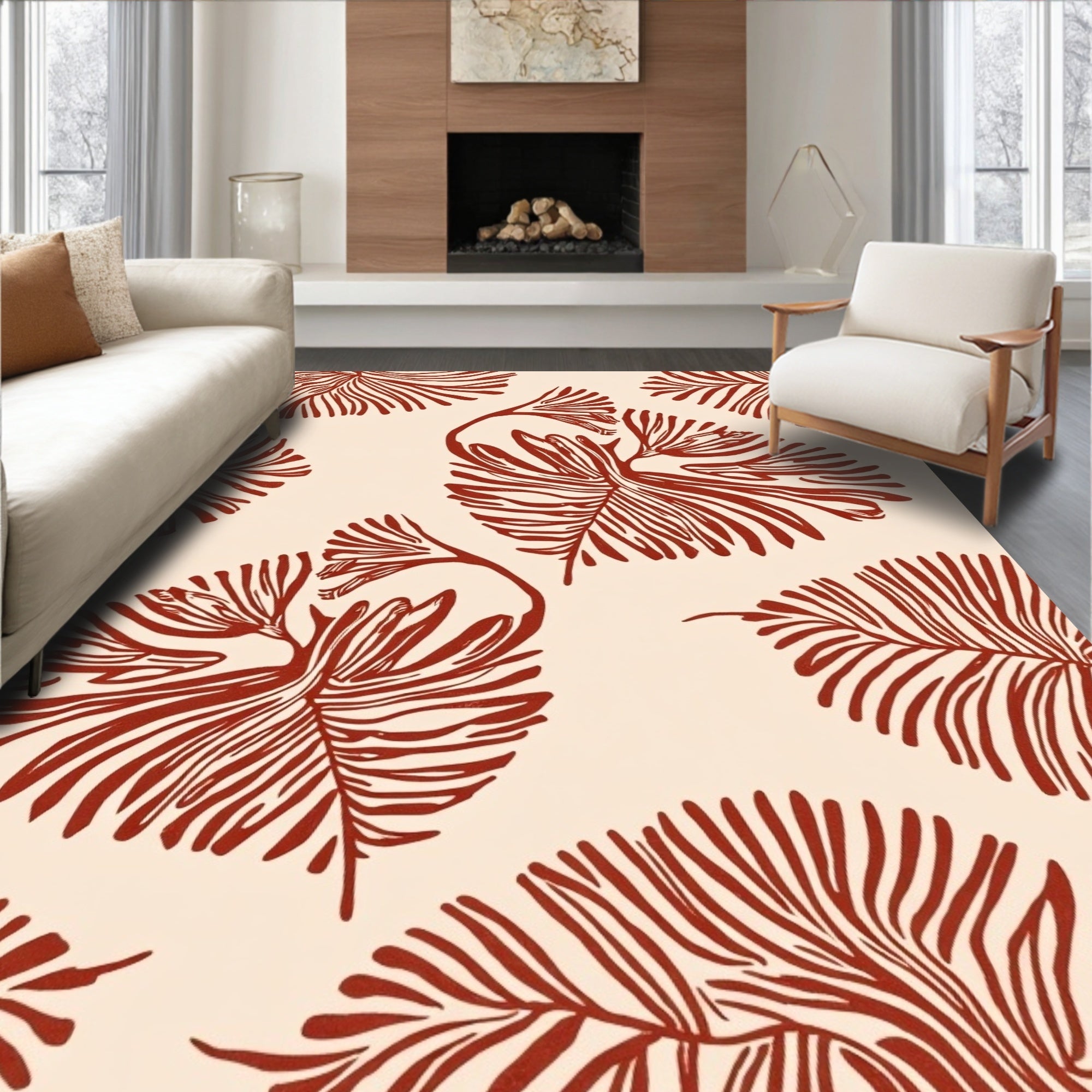 Crimson Botanical Fan Pattern Design Rug