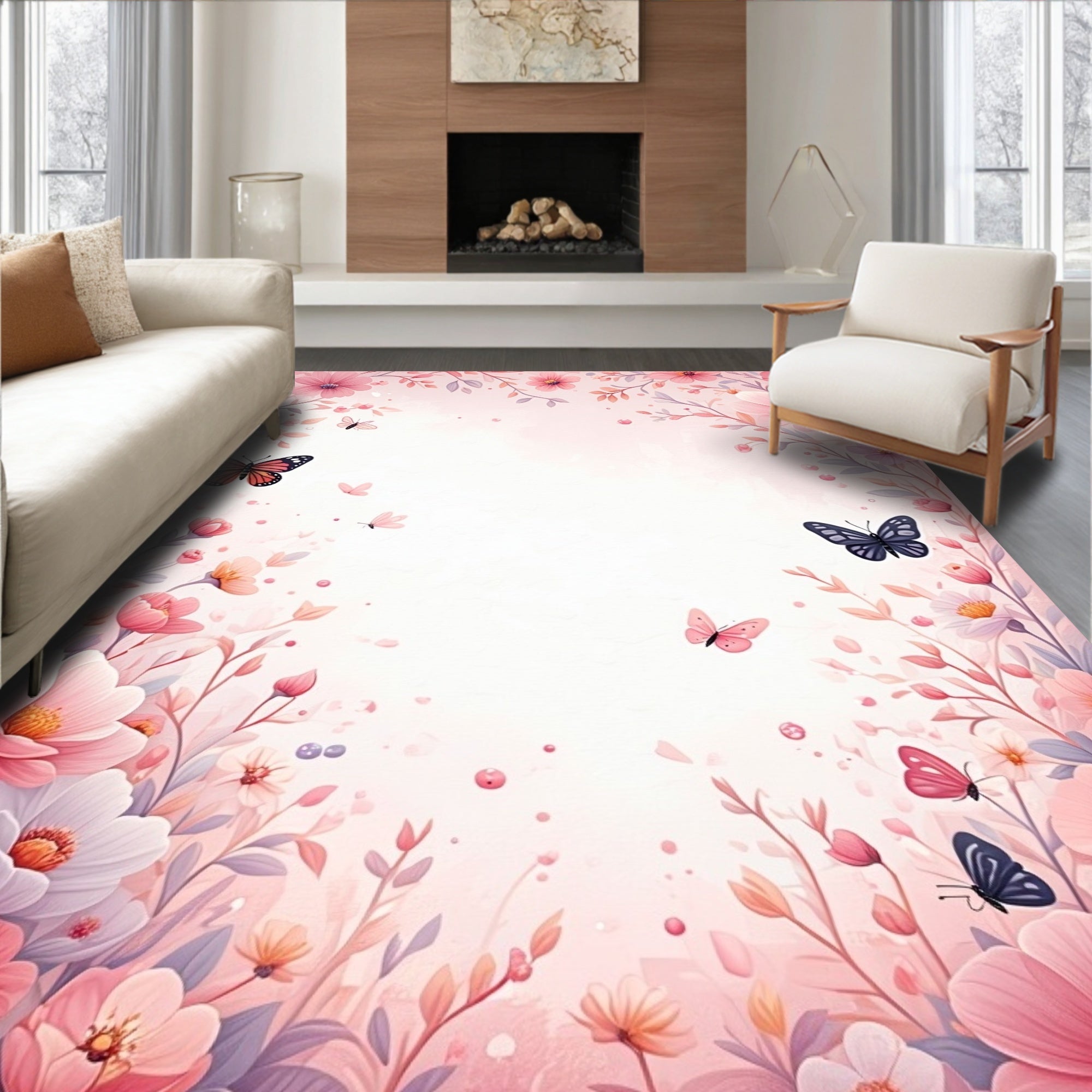 Pastel Floral Butterfly Watercolor Design Rug