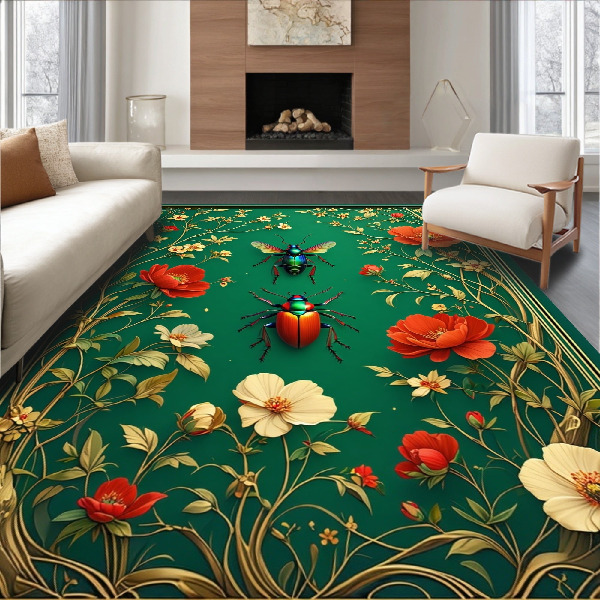 Emerald Garden Beetle Floral Tapestry Rug