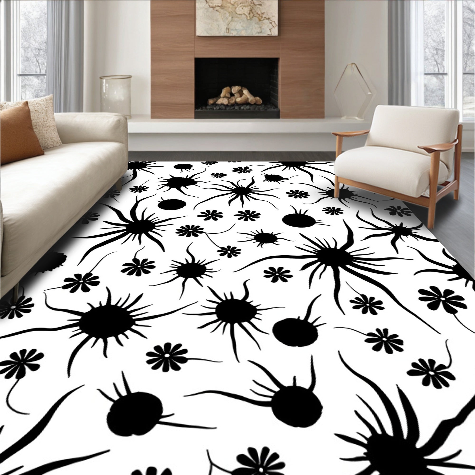 Black Spiky Floral Pattern Rug