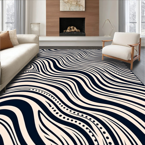 Abstract Black Cream Swirl Pattern Rug