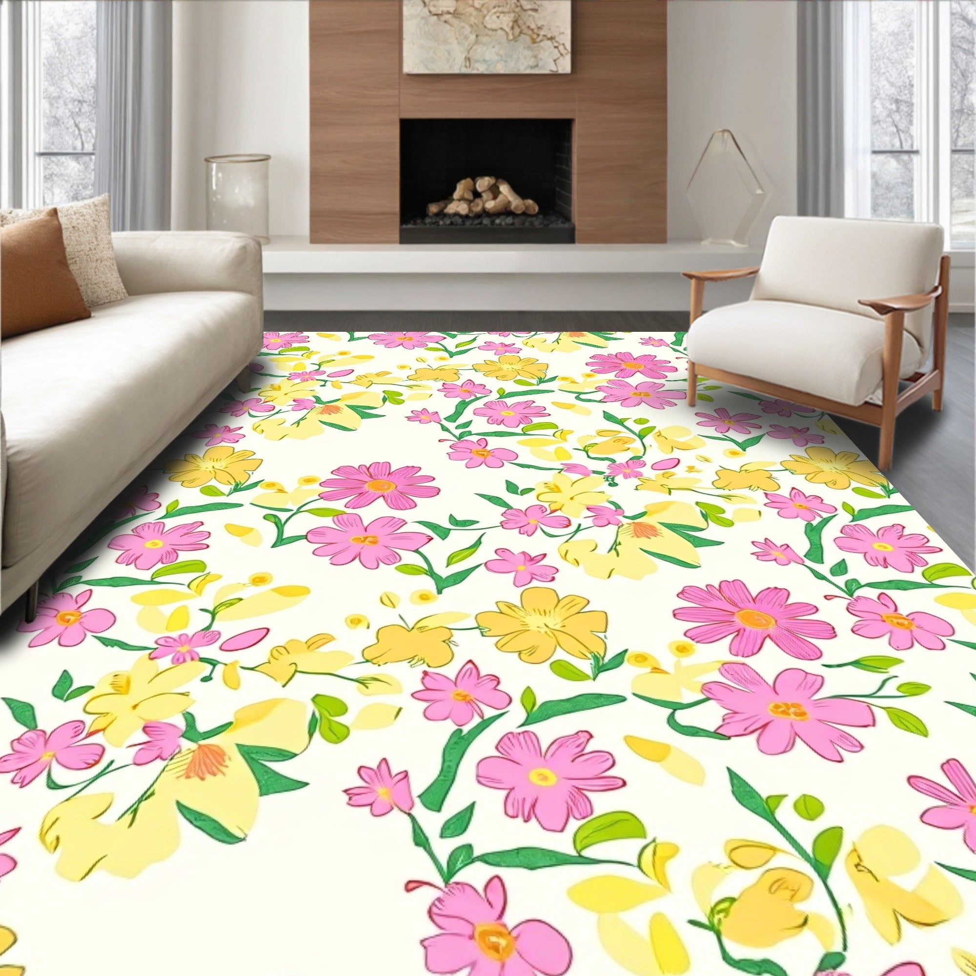 Dainty Pink Yellow Floral Design Rug