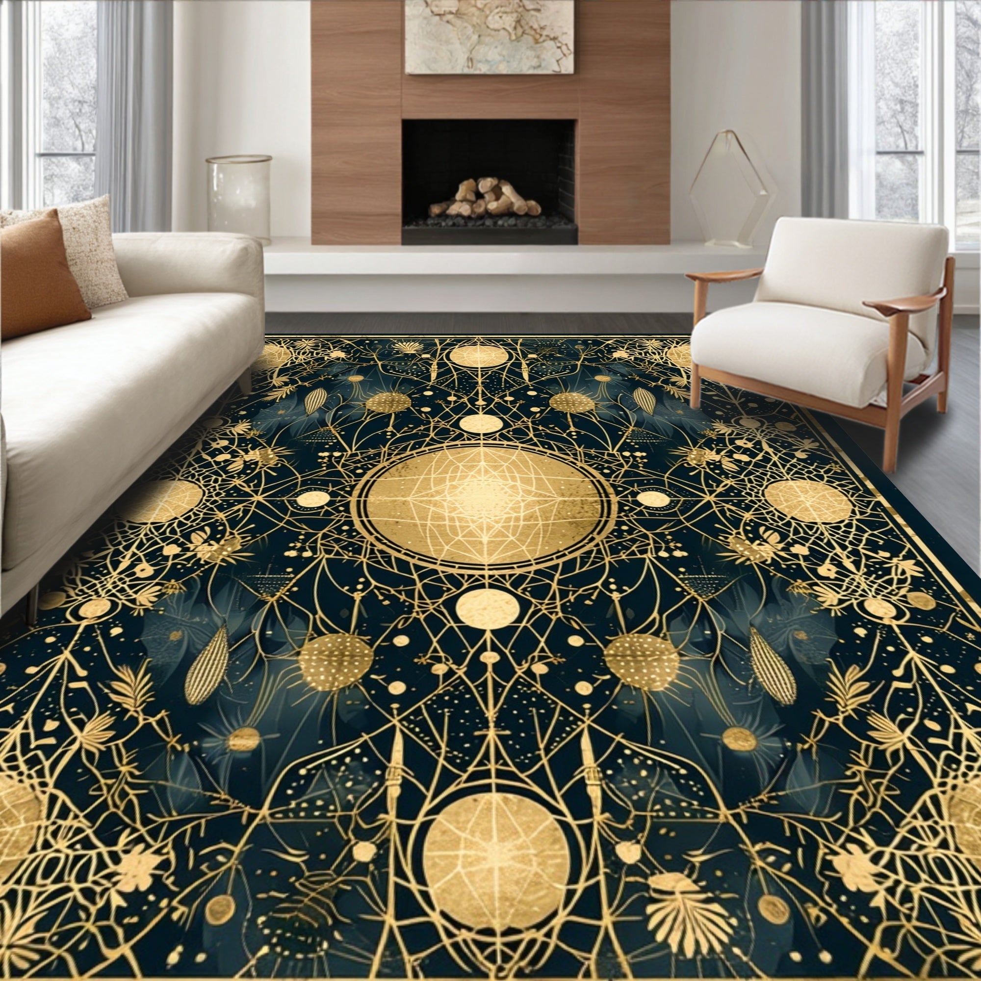 Ornate Celestial Botanical Gold Pattern Rug
