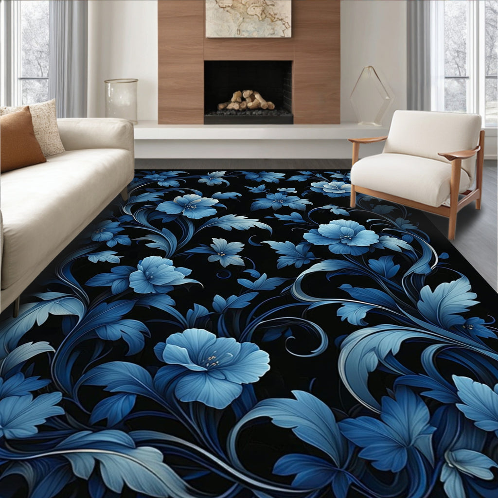 Indigo Floral Vine Pattern Rug