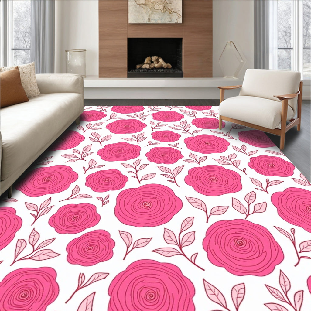 Bold Pink Rose Floral Pattern Rug