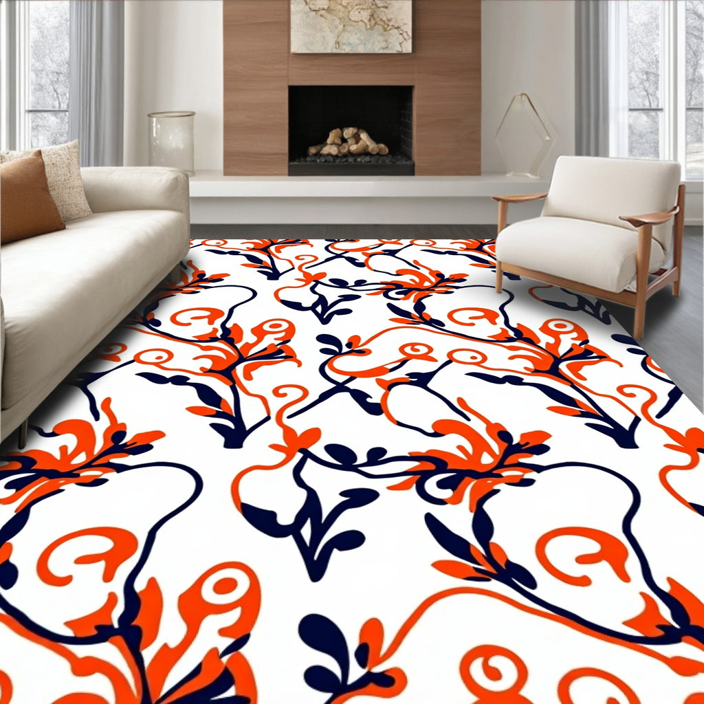 Bold Orange Blue Floral Swirl Rug