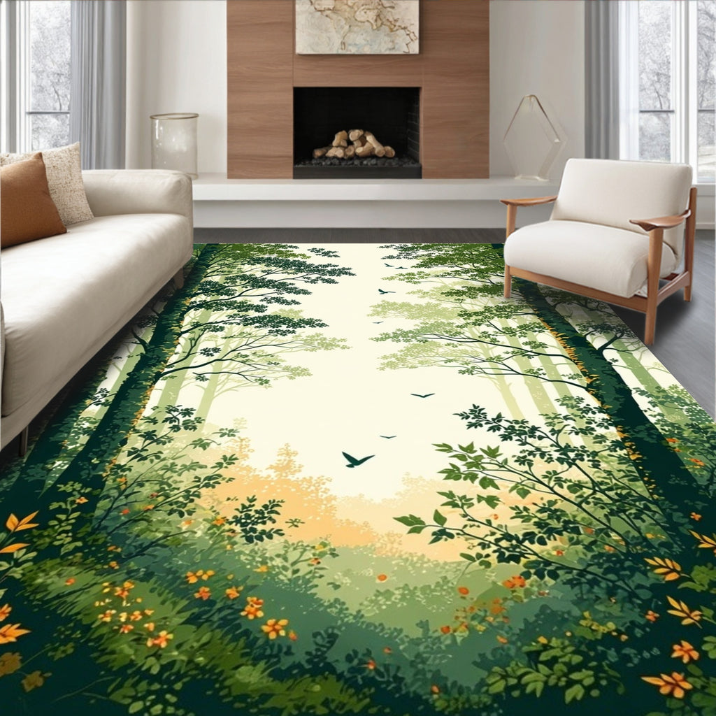 Nature Forest Path with Flying Birds Rug
