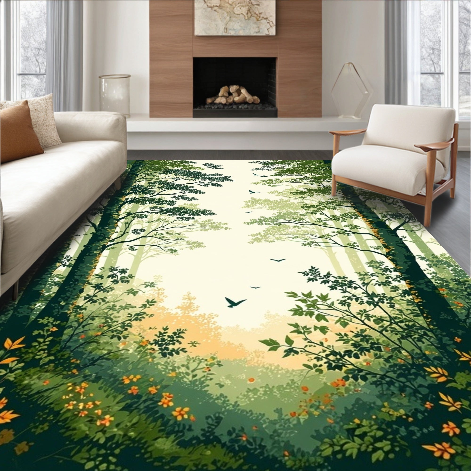 Nature Forest Path with Flying Birds Rug