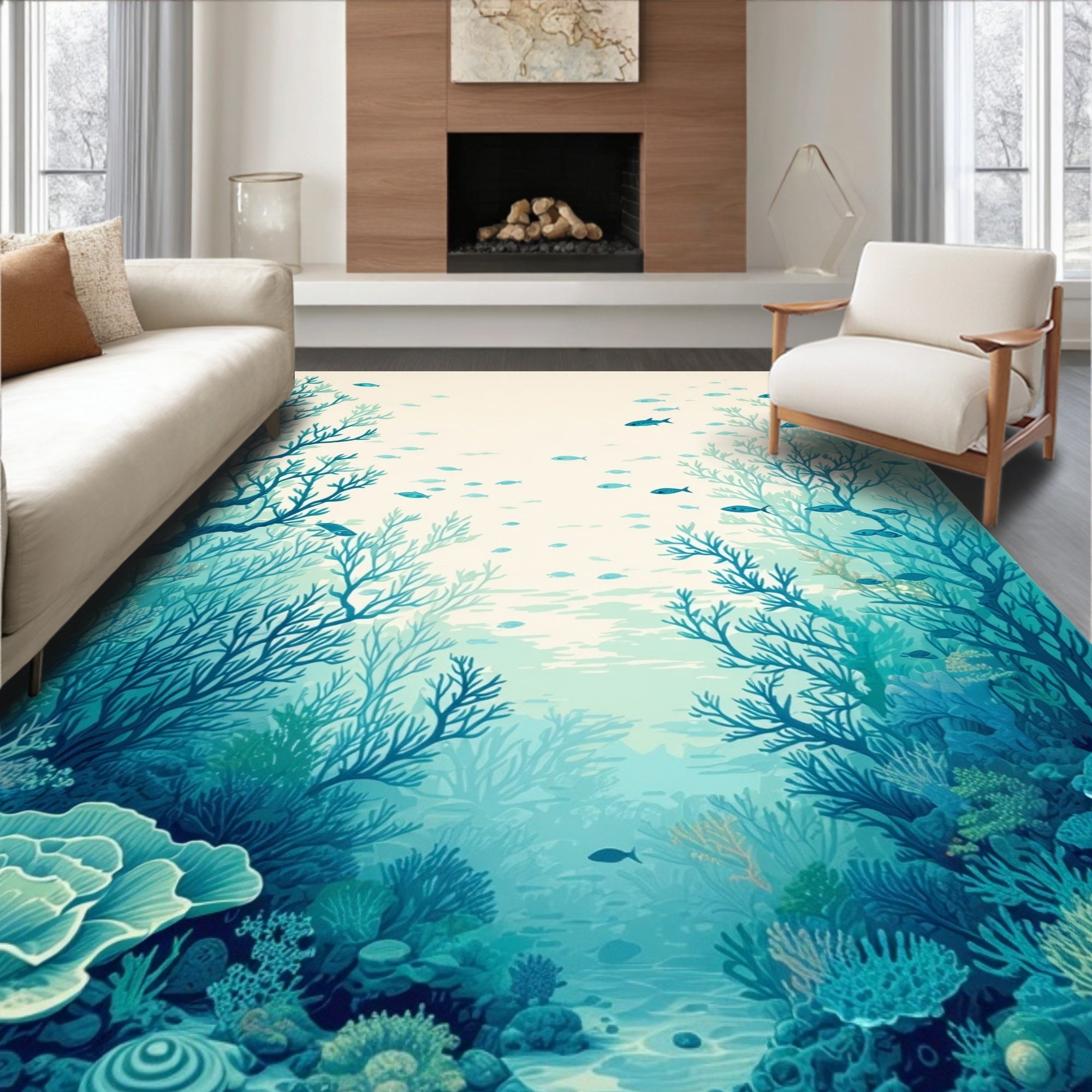 Undersea Coral Garden Fish Scene Rug