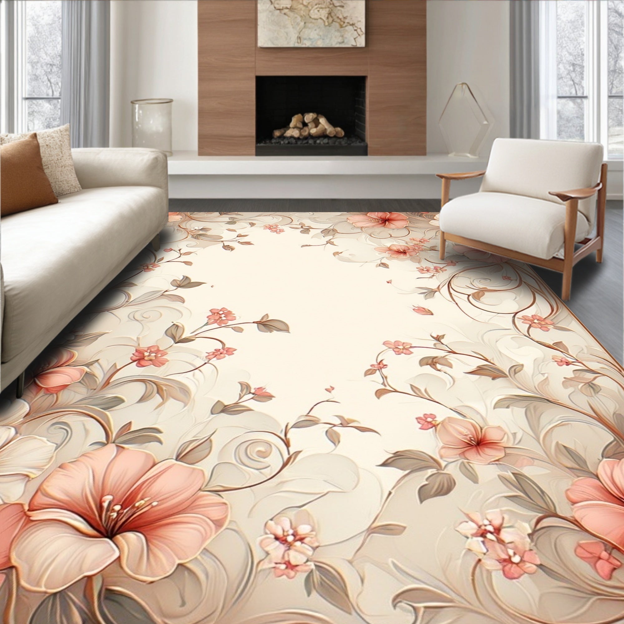 Elegant Floral Scroll Soft Peach Rug