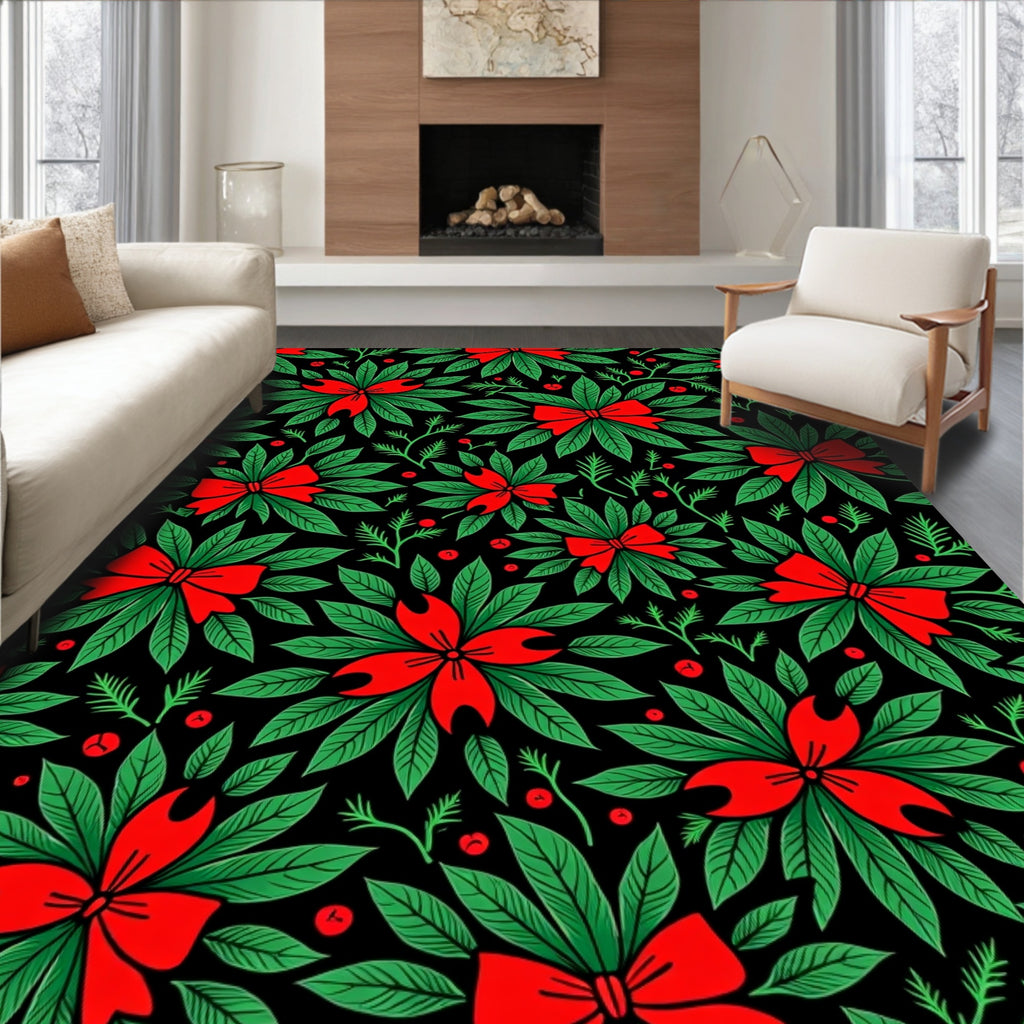 Festive Red Bow Holly Leaf Rug