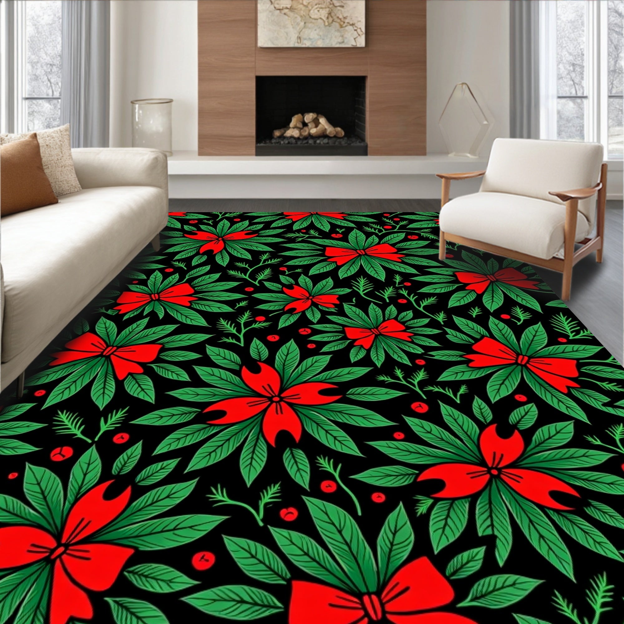 Festive Red Bow Holly Leaf Rug