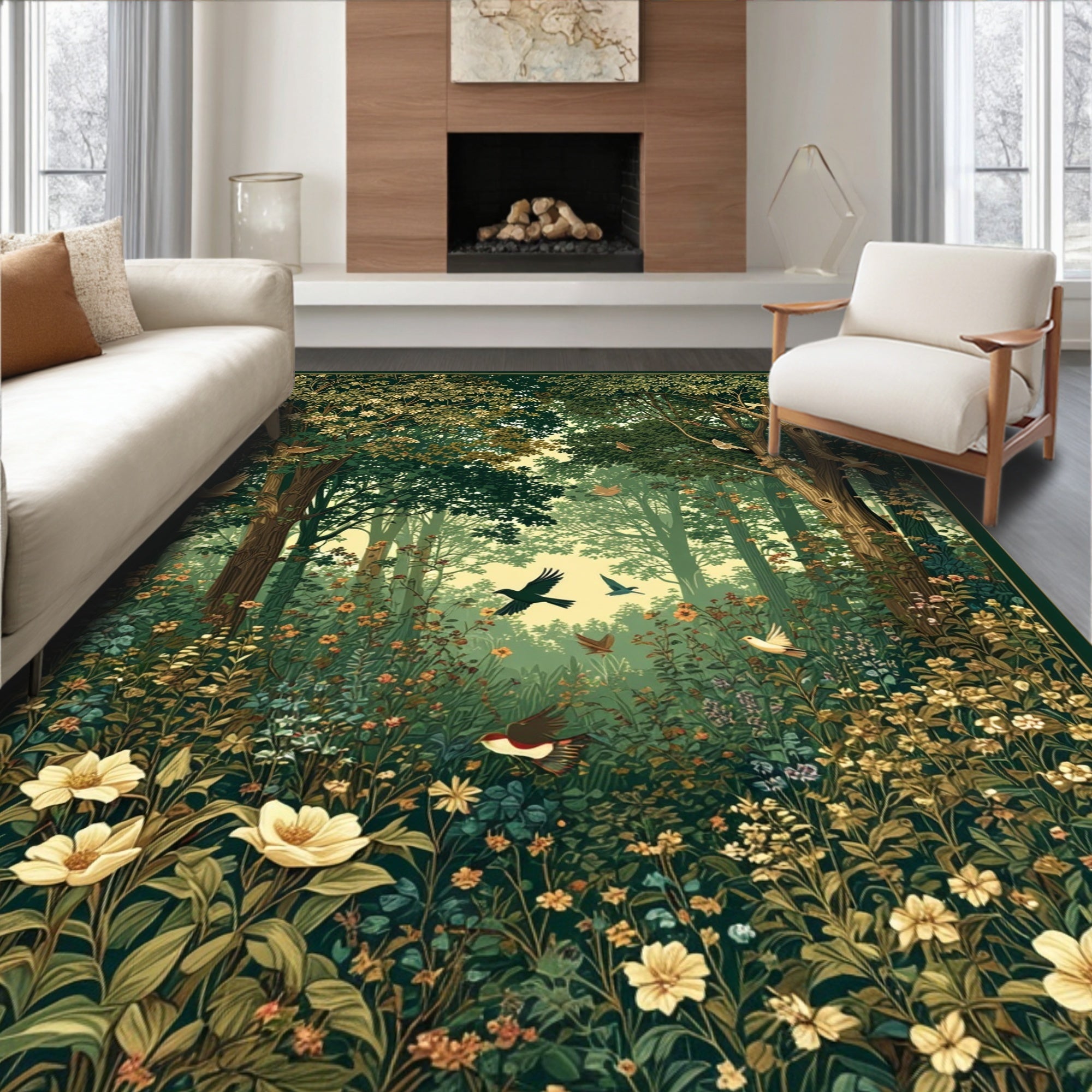 Enchanted Forest Bird Floral Scene Rug