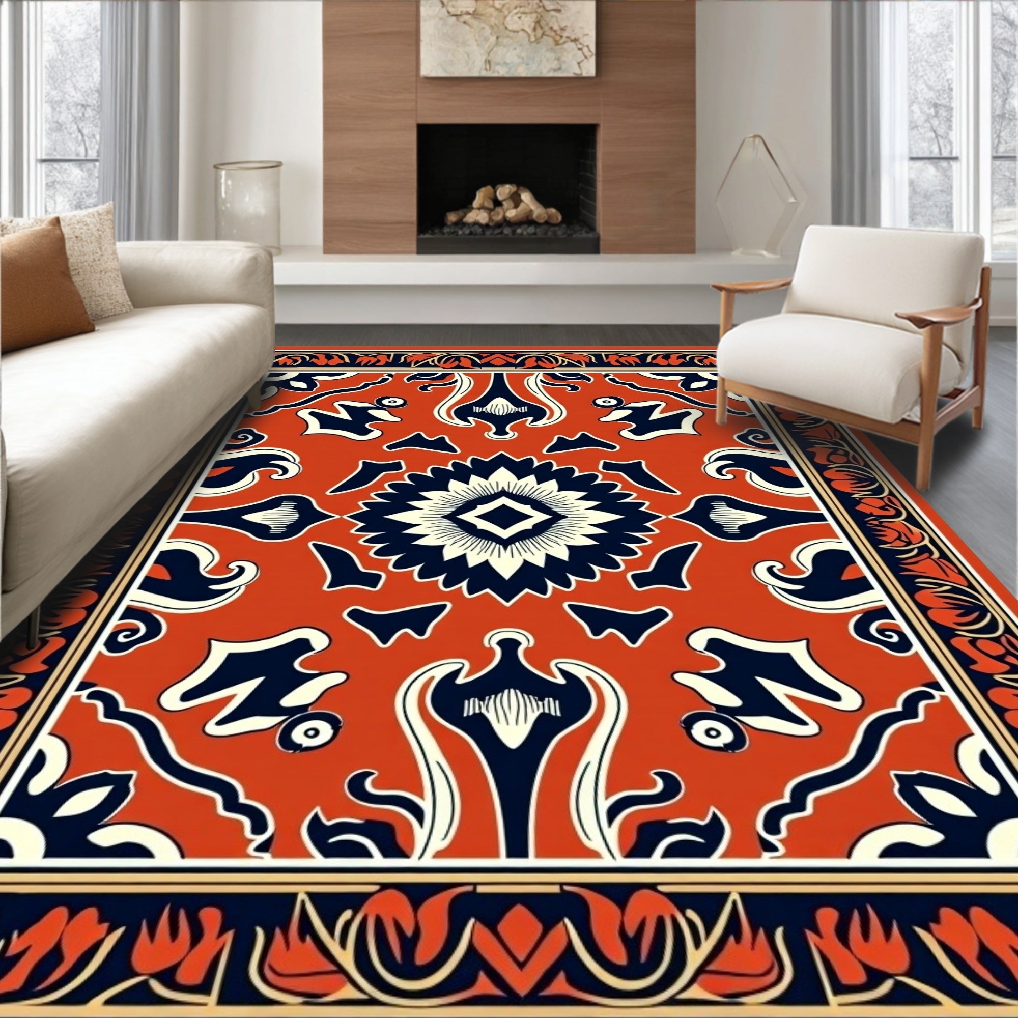 Rich Orange Floral Motif Design Rug