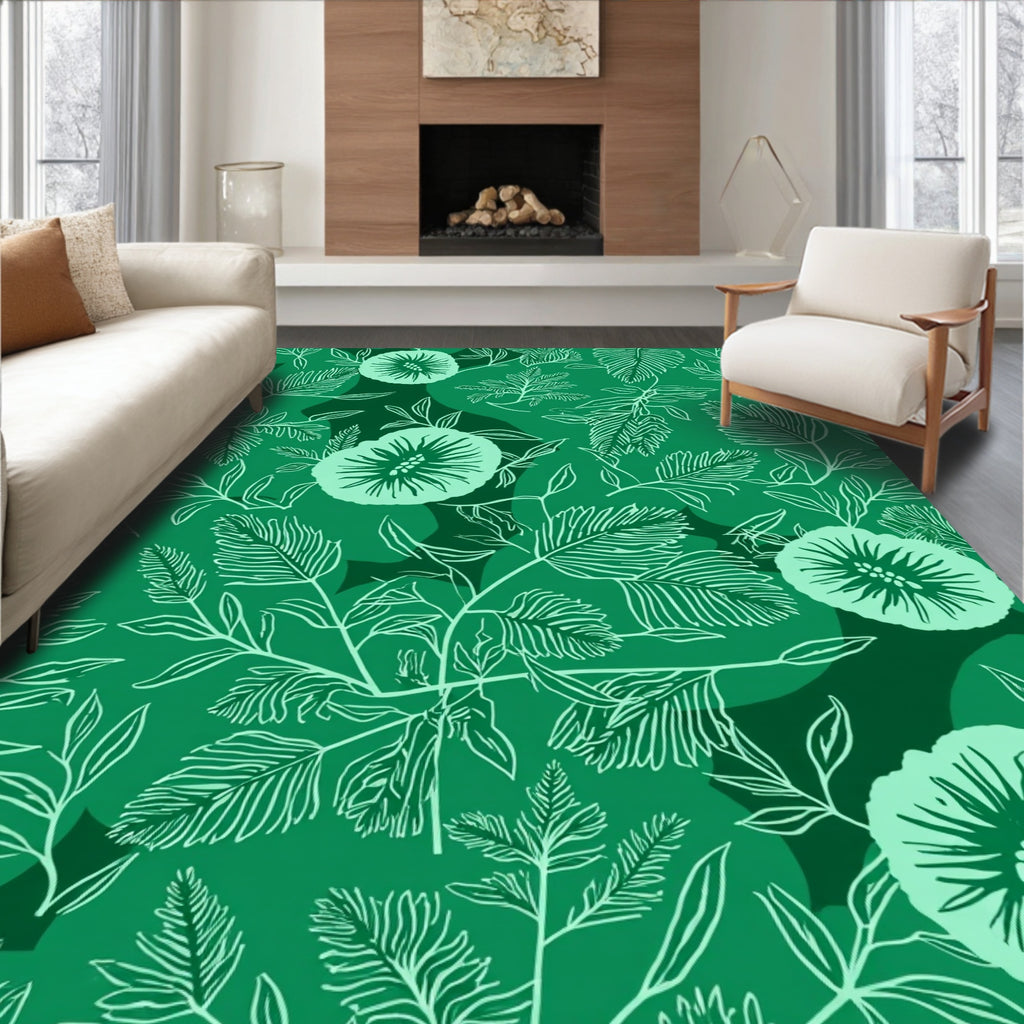 Enchanting Green Floral Line Art Rug