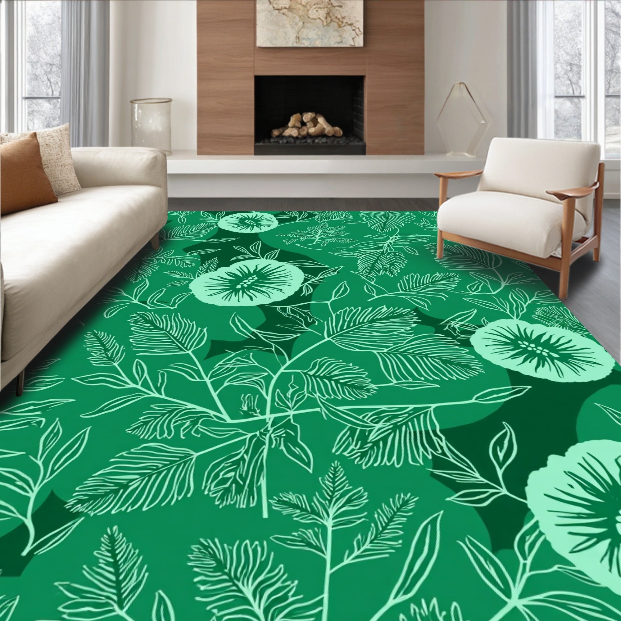 Enchanting Green Floral Line Art Rug