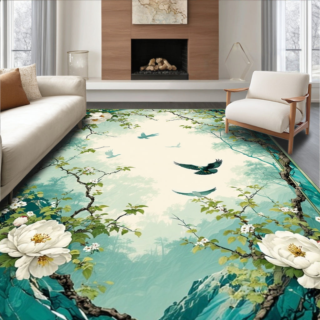 Whimsical Birds Blooming Branches Teal Rug