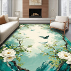 Whimsical Birds Blooming Branches Teal Rug