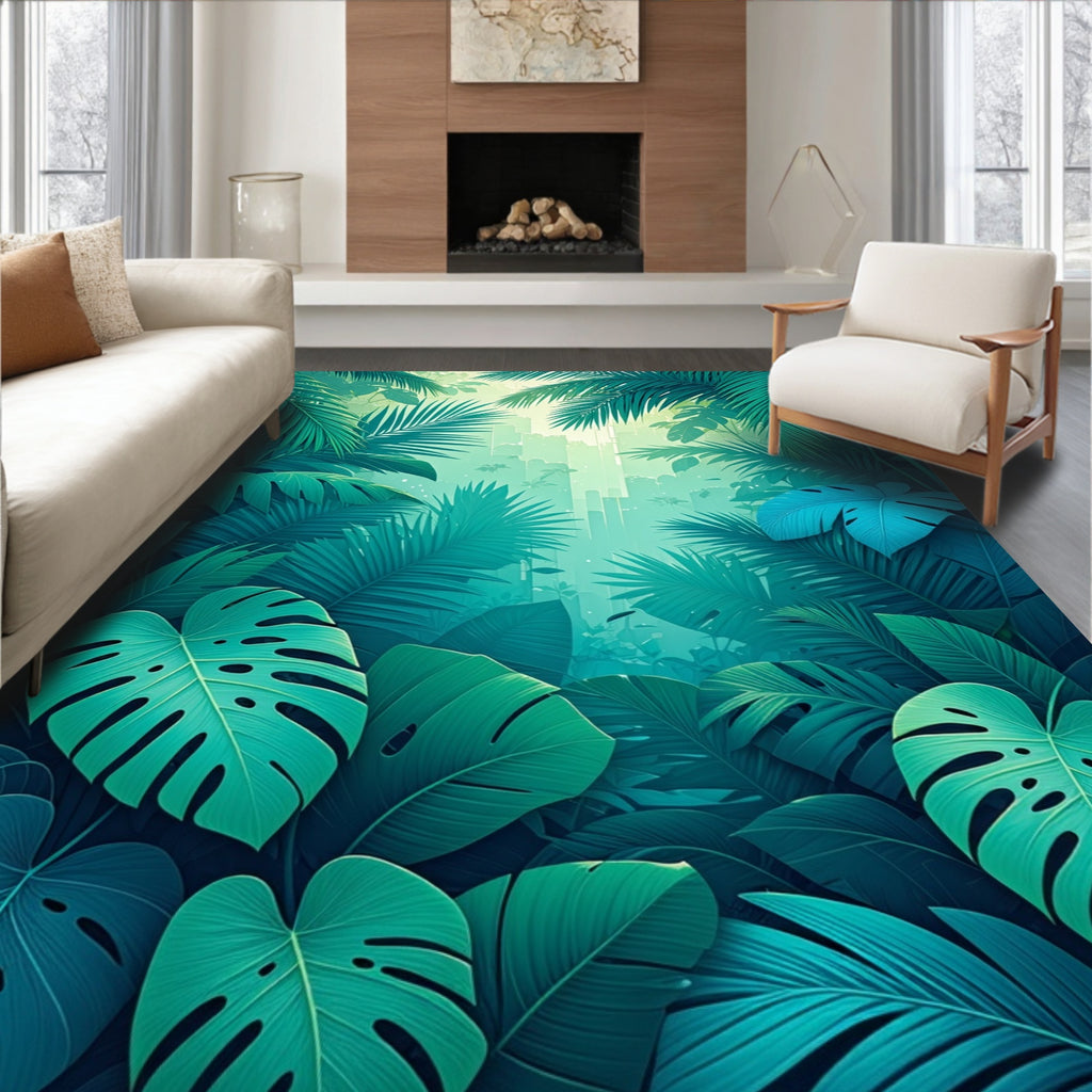 Lush Tropical Foliage Jungle Scene Rug