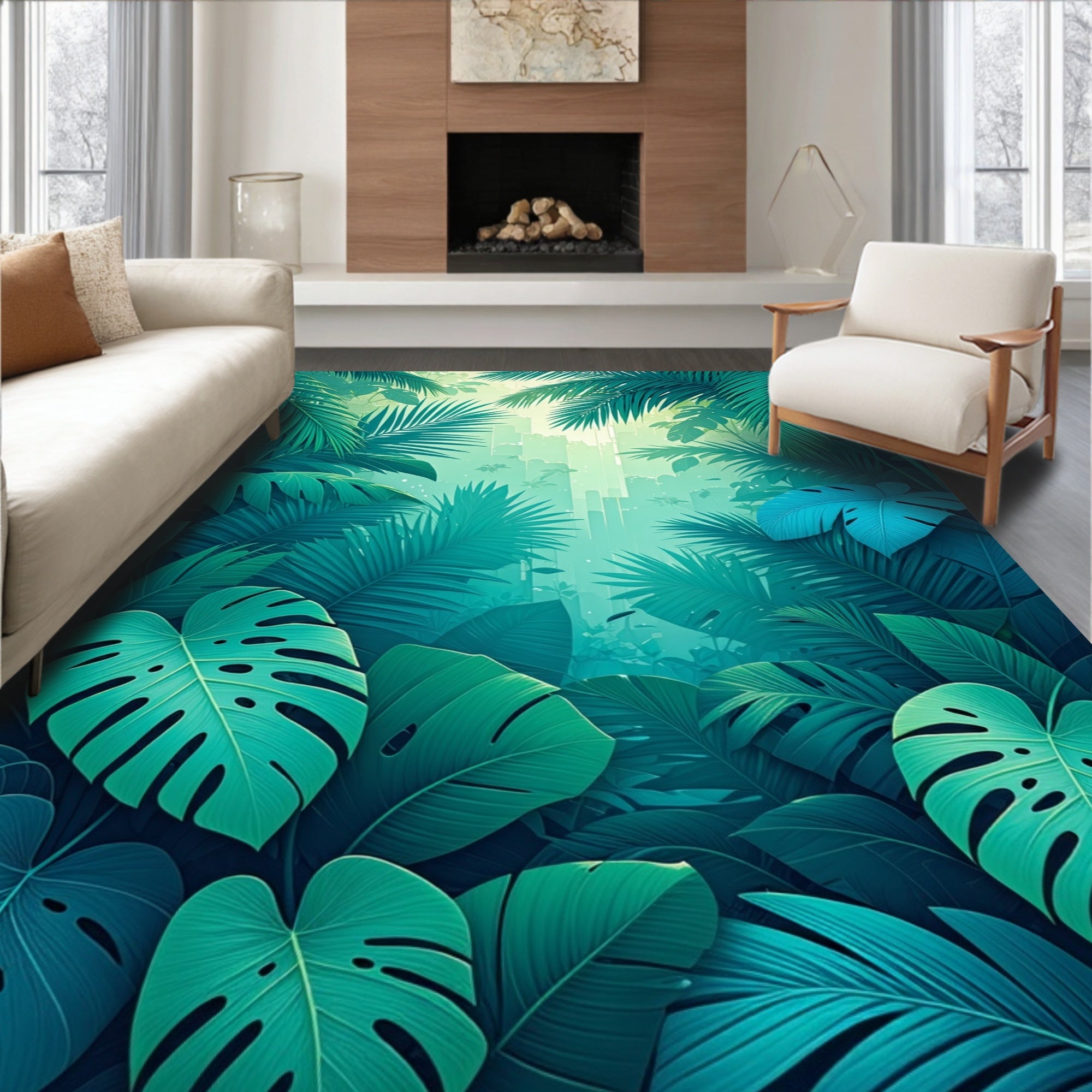 Lush Tropical Foliage Jungle Scene Rug