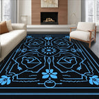 Symmetrical Blue Floral And Geometric Pattern Rug