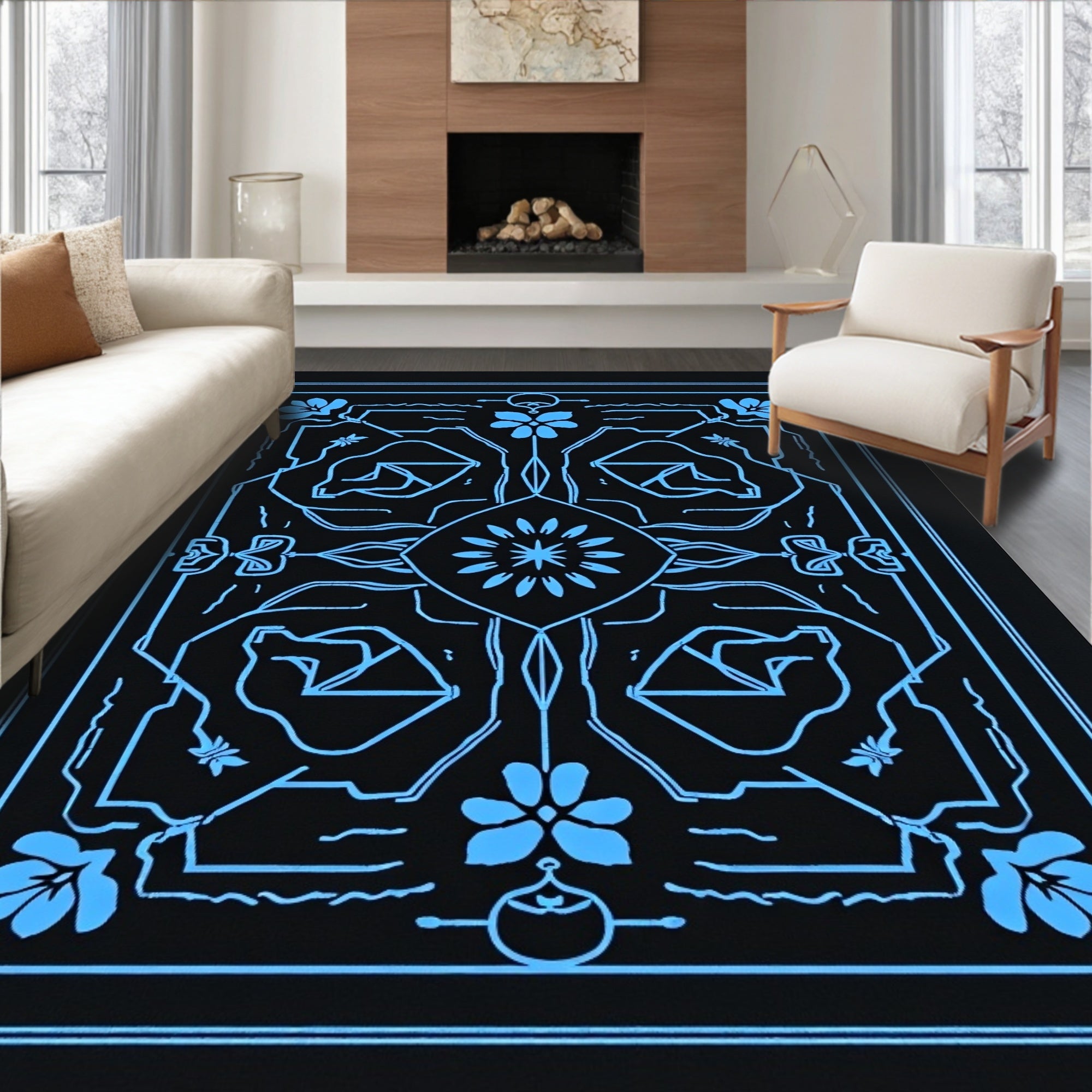 Symmetrical Blue Floral And Geometric Pattern Rug